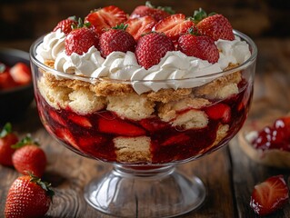 A delicious layered dessert featuring strawberries, whipped cream, and cake, beautifully presented in a glass bowl.
