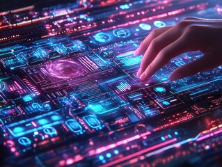 A software developer designing a groundbreaking app interface, theme of user-centric design, close up, tech innovation lab, vibrant, Fusion, coding workstation backdrop