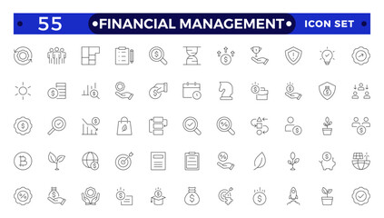 Financial Management outline icon set. Containing investor, mutual fund, asset, risk management, economy, financial gain, interest, Investment, Profit, Investor, Risk, Inflation and stock icons.