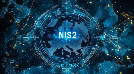 Europe map background, stars forming a cyrcle and inside NIS2, technology theme