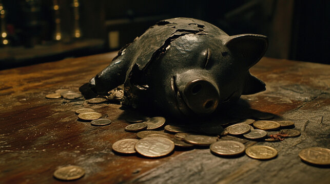 Broken piggy bank with coins scattered around, symbolizing financial struggle and the need for careful budgeting and saving.