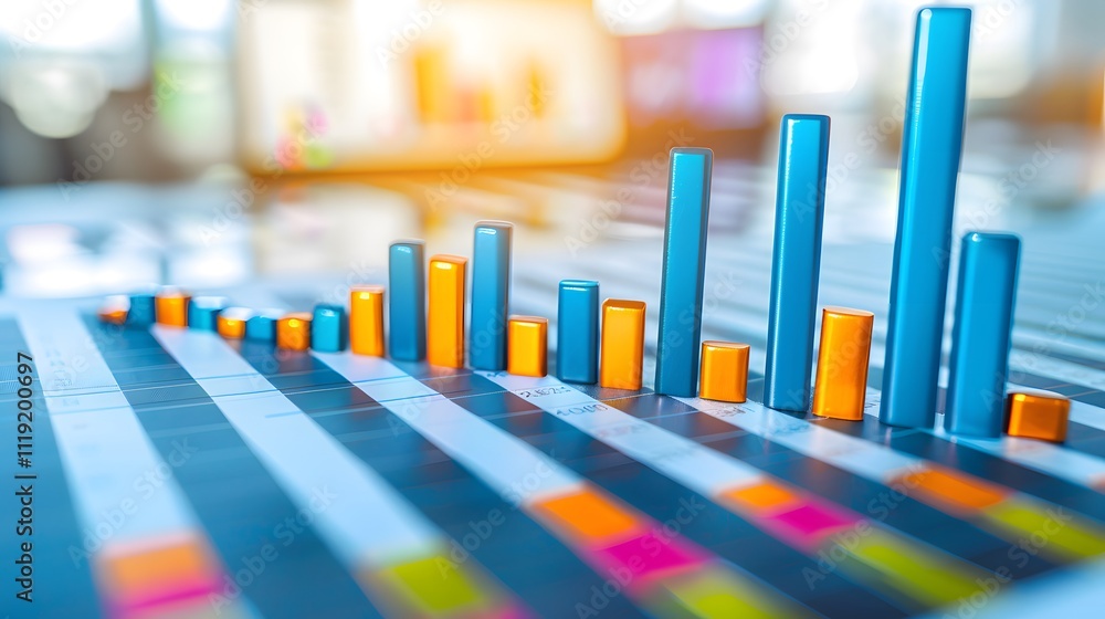 Poster financial data displayed on documents with rising and falling bar graphs.