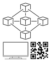 Networked cubes connected in a decentralized manner, QR code below, and computer monitor. Ideal for blockchain, digital security, technology, networking, data sharing computing innovation. Line