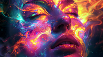 woman with colorful paint on her face Neon glow woman portrait neon girl portrait colorful gradients