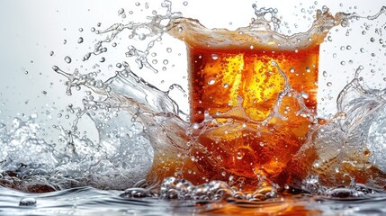 Refreshing iced drink splashing in glass.