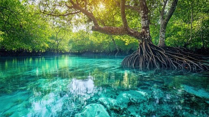 Mangrove forest with roots stretching into clear, shallow water