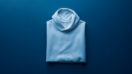 Folded white hoodie on blue background.