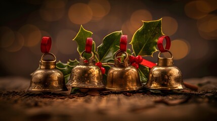 Four brass bells with holly and red ribbons on rustic wood.