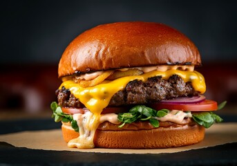 Extreme closeup shot of a juicy delicious burger