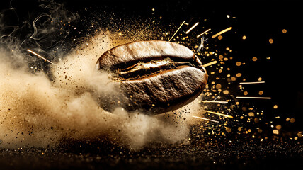 Close up of flying roasted coffee beans with golden shimmer, particles. Macro shot of coffee for advertising, cafe banner. Generative ai
