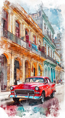 Obraz premium Havana city in watercolor style. with typical Cuban vehicle