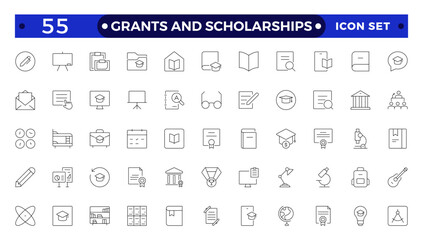 Grants and Scholarships outline icon set. Containing education, research, academic, degree, discipline, bachelor, post graduate icon. Scholarship financial aid, grant, fellowship, award, icon.