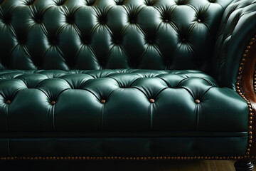 Obraz premium Close-up of a luxurious green leather chesterfield sofa.
