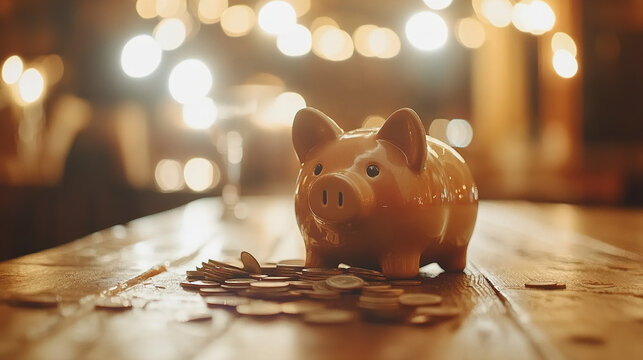 Broken piggy bank with coins scattered around, symbolizing financial struggle and the need for careful budgeting and saving.