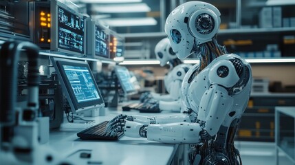 Fototapeta premium Two humanoid robots work at computer consoles in a futuristic lab setting.
