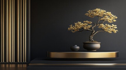 Gold Bonsai Tree on a Black and Gold Platform