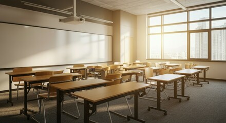 Modern Classroom Setup with Whiteboard for Teaching