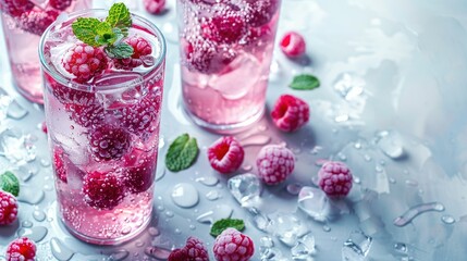 Refreshing raspberry drinks with ice and mint in glasses.