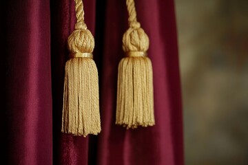 Luxurious burgundy curtains with golden tassels elegantly draped indoors in soft natural light