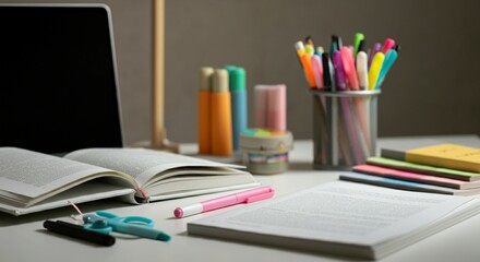 Study Desk with Open Textbooks and Laptop for Learning
