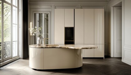 A modern kitchen featuring sleek cabinetry, a unique curved island, and large windows providing ample natural light.