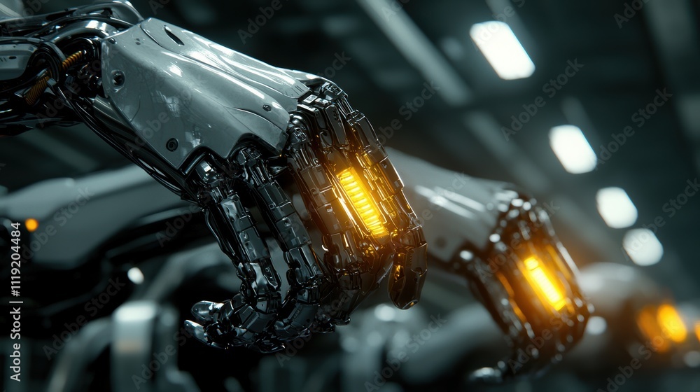 Poster a close-up of robotic hands with glowing orange elements, showcasing advanced technology and intrica