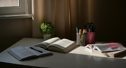 Study Desk with Open Textbooks and Laptop for Learning