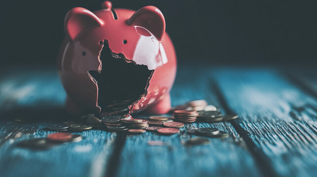 Broken piggy bank with coins scattered around, symbolizing financial struggle and the need for careful budgeting and saving.