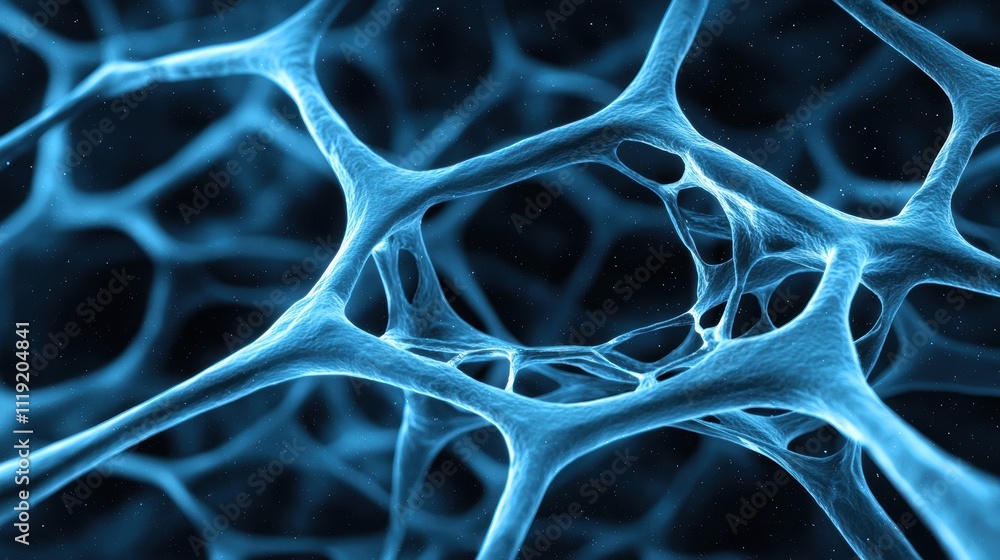 Poster a vivid microscopic view of interconnected blue structures resembling cells or fibers, showcasing in
