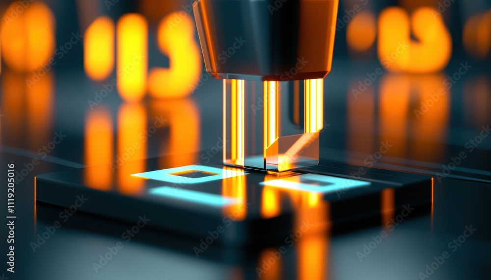 Poster a close-up view of a precision tool interacting with a glowing surface, showcasing advanced technolo