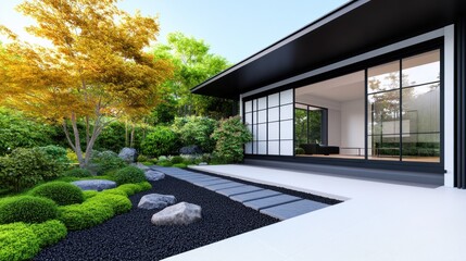Modern home with a serene Japanese garden landscape.