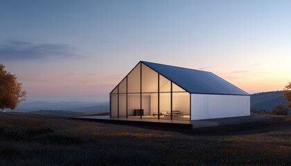 A modern, minimalist glass house situated in a serene landscape during sunset, blending architecture with nature.