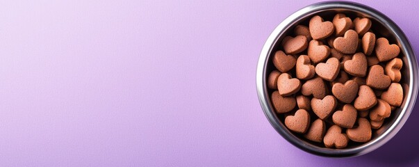 A round tin filled with heart-shaped treats on a soft purple background, creating a playful and inviting atmosphere.