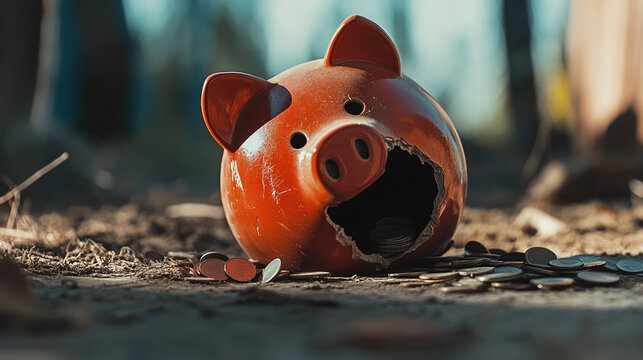 Broken piggy bank with coins scattered around, symbolizing financial struggle and the need for careful budgeting and saving.
