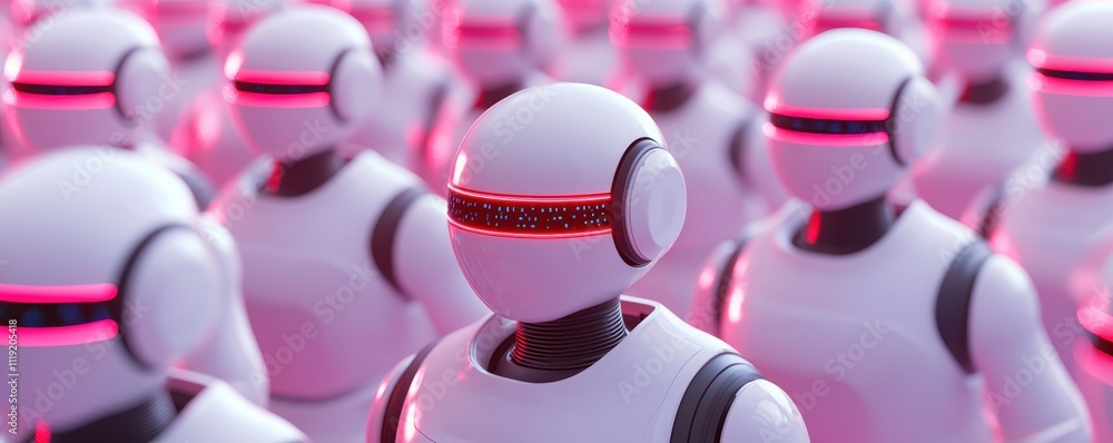 Poster a futuristic scene featuring multiple humanoid robots with glowing red accents, creating a cyberneti