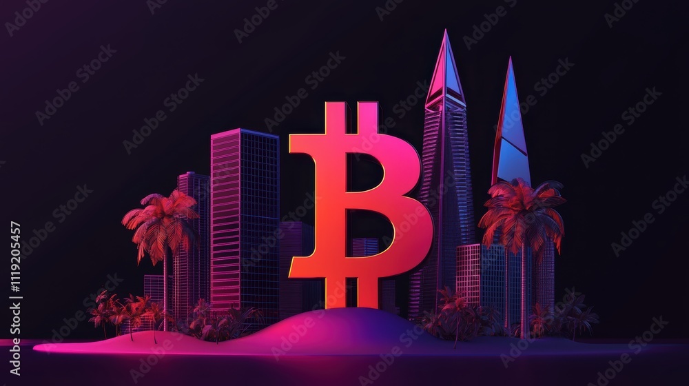 Poster a vibrant digital representation of a large bitcoin symbol in a futuristic cityscape, surrounded by 