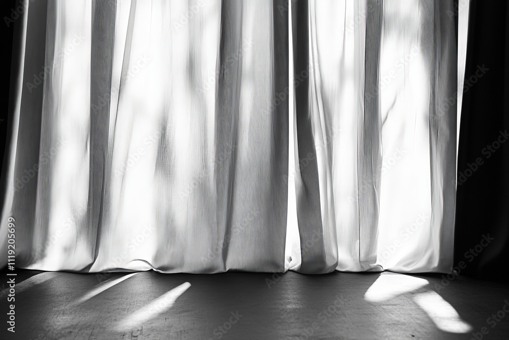 Poster light filters through sheer curtains creating patterns on the floor in a quiet room