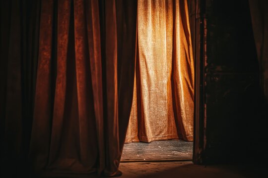 Curtains parting to reveal stage lighting in an intimate theater setting during an evening performance