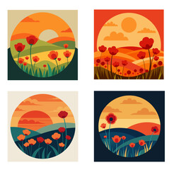 sunset over a field of poppies painting the lands vector illustration