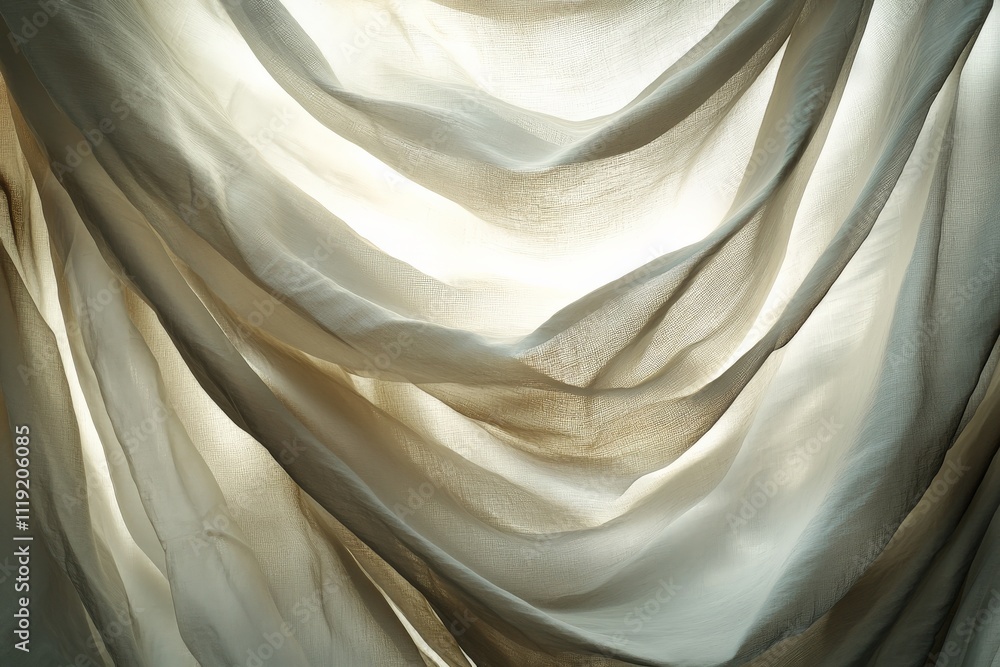 Poster soft sunlight filters through layers of flowing fabric, creating a serene and delicate atmosphere in