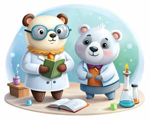 Adorable Panda Bears in a Science Lab. A Cute Cartoon Illustration