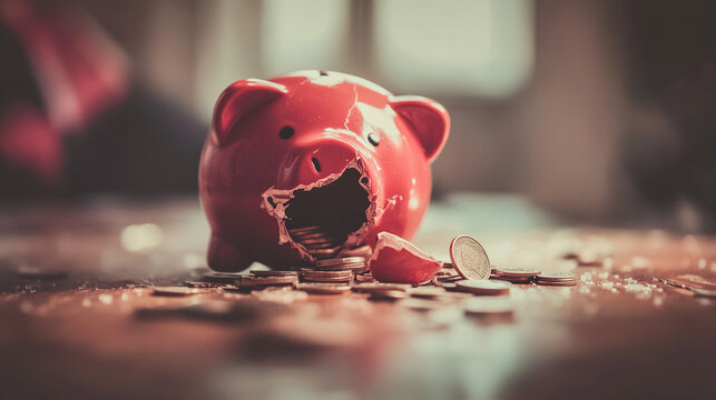 Broken piggy bank with coins scattered around, symbolizing financial struggle and the need for careful budgeting and saving.
