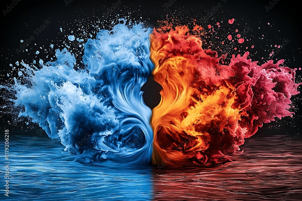 Poster a dynamic representation of water and fire, showcasing vibrant splashes of blue and red, symbolizing