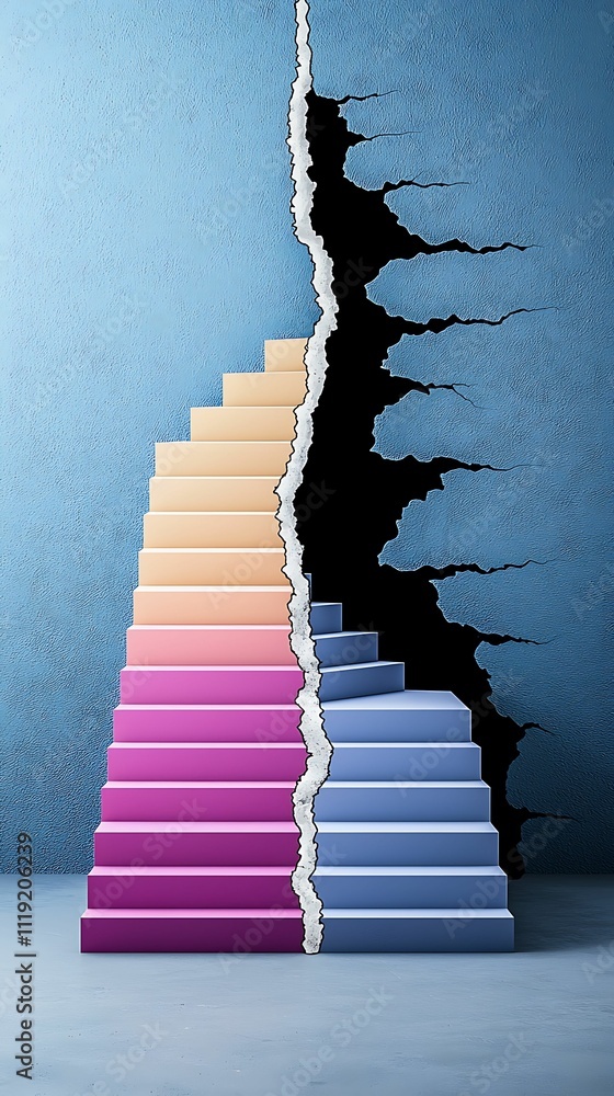 Poster a colorful staircase appears to break through a wall, creating a striking visual contrast between vi
