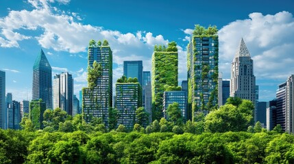 A city skyline with skyscrapers designed with sustainable features, including green roofs and energy-efficient lighting, promoting urban sustainability