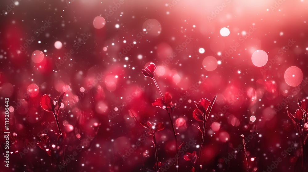 Poster a deep red bokeh background, with snowflakes floating gently across the frame. the soft, diffused bo