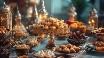 Assorted Middle Eastern sweets on ornate platters with candlelight.