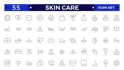 Skin care Outline icons set. Moisture cream, acid, anti wrinkle serum, ceramide, collagen, retinol compound, sunscreen, such as aloevera, oil, nature, sun protect, dry, lotion vector icons.