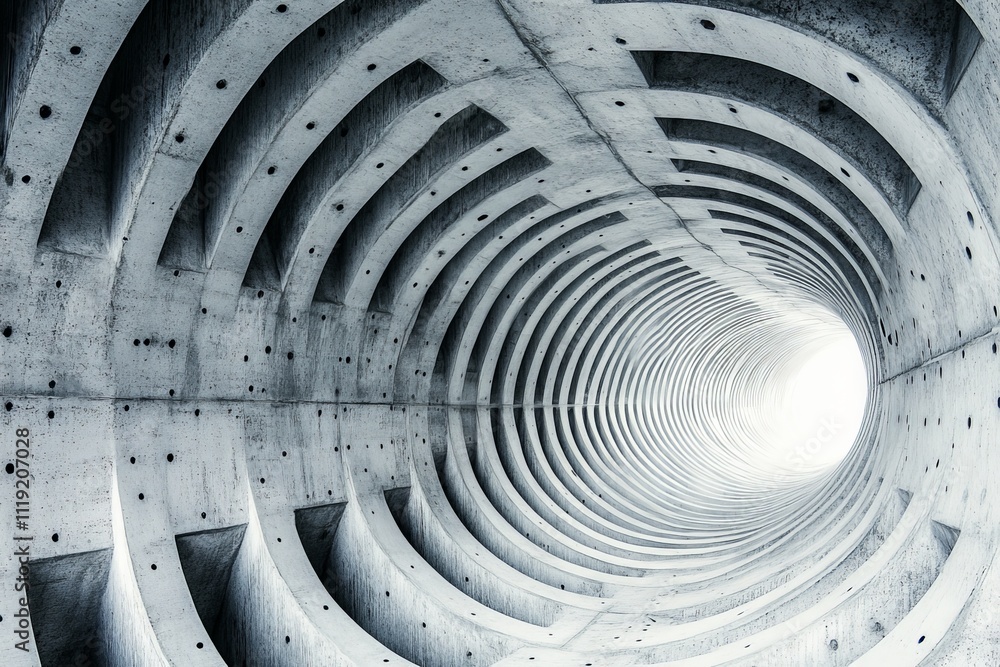 Poster concrete tunnel design showcasing intricate patterns and light at the far end during daytime