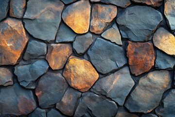Fototapeta premium Close-up of a textured stone wall with varying shades of gray and orange.